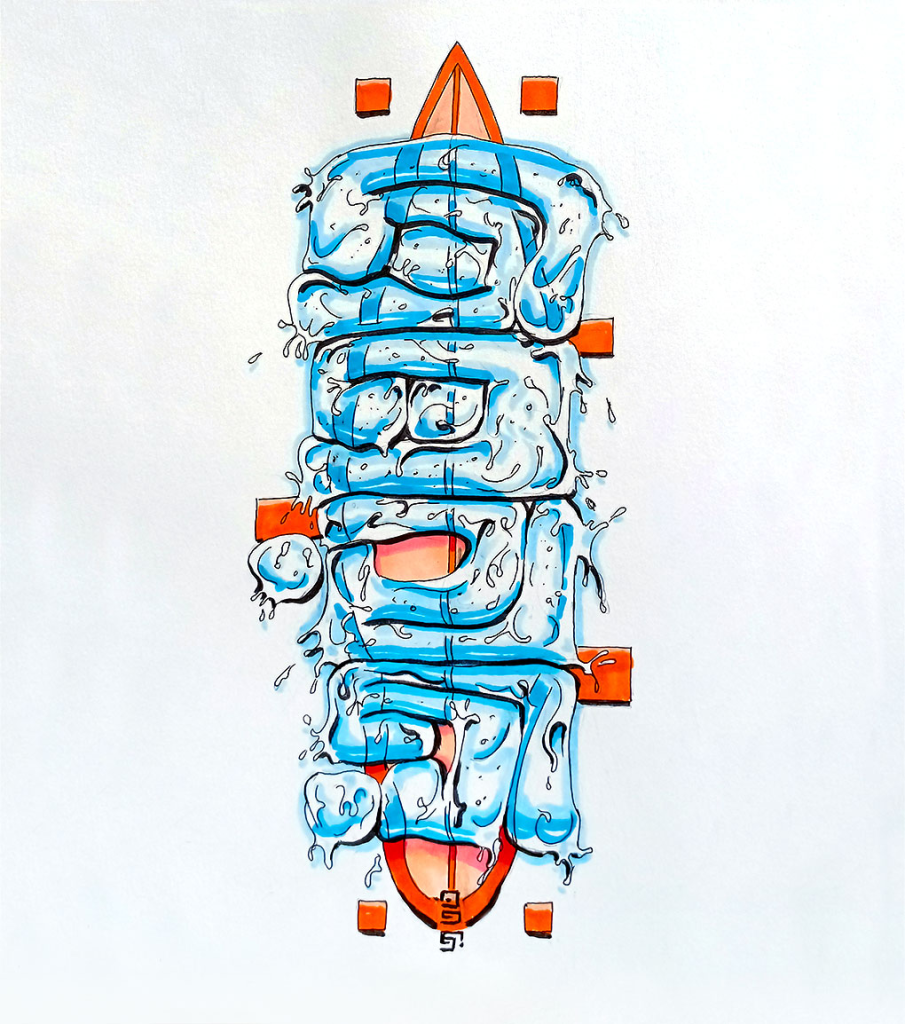 Pen and ink drawing by Daniel Zaug titled Water, featuring the Scolimo word for water with a surfboard behind the liquid word.