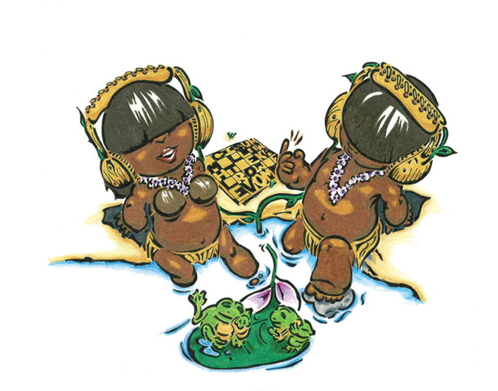 Pencil drawing by Daniel Zaug titled Music, featuring Nai and Potu listening to frogs sing, and hidden coded.