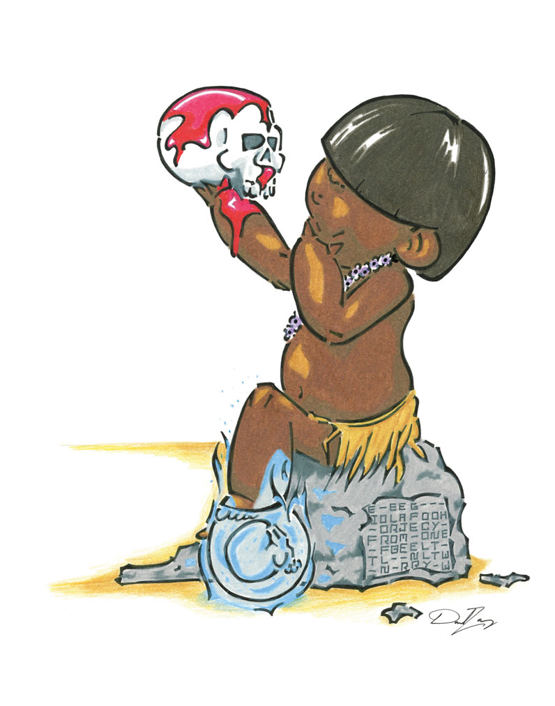 Pencil drawing by Daniel Zaug titled Thinking, featuring Potu looking at a fallen tribe member, and hidden coded.