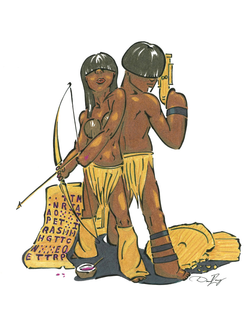 Pencil drawing by Daniel Zaug titled Rees and Revo, featuring Rees and Revo ready for battle, and hidden coded.