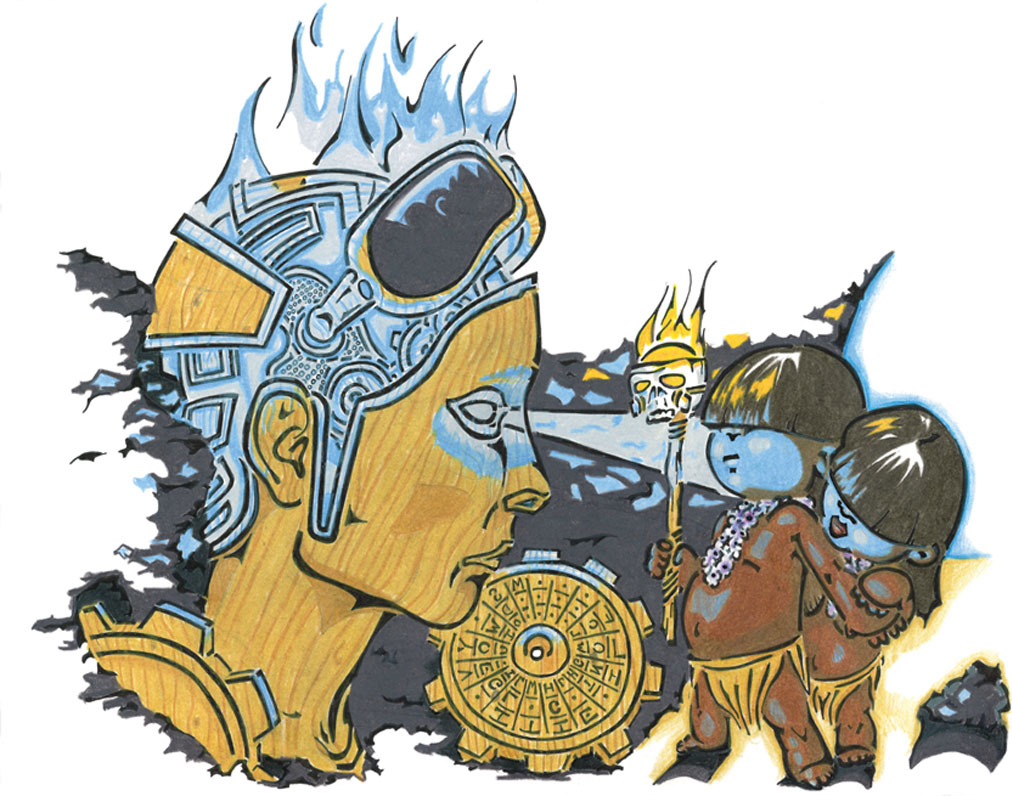 Pencil drawing by Daniel Zaug titled The Cave, featuring Nai and Potu found technology, and hidden coded.