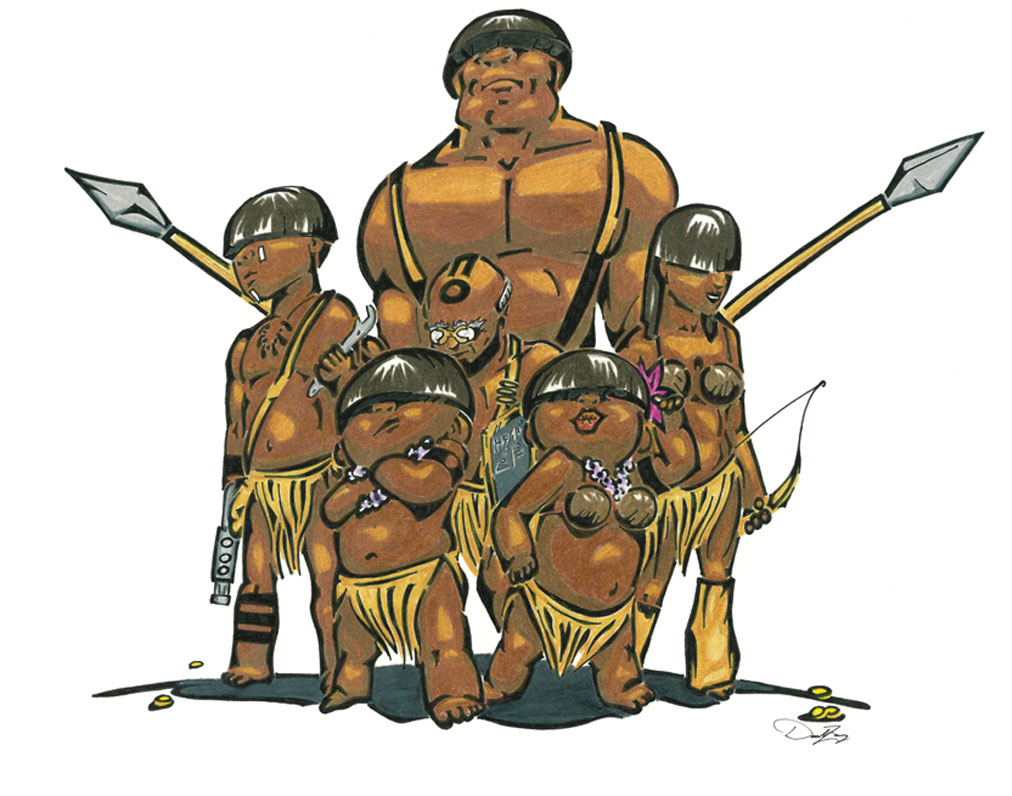 Pencil drawing by Daniel Zaug titled Friends, featuring Rees, Revo, Nai, Potu, Modziw, and Deerg.