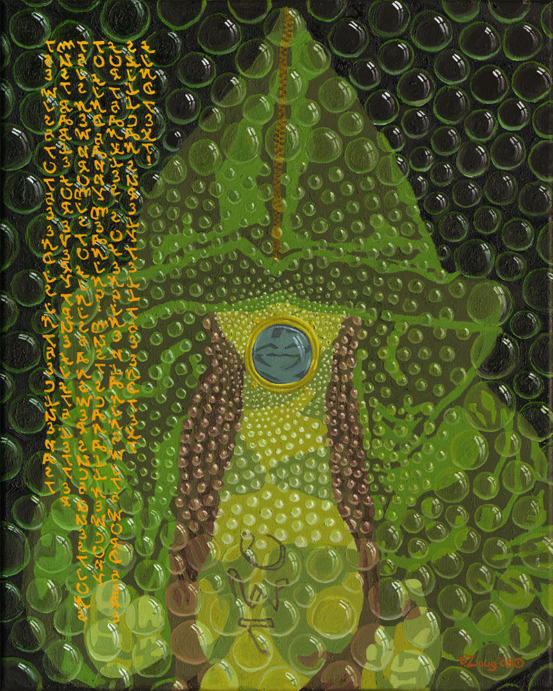 Oil painting by Daniel Zaug titled The Keeper, featuring a woman with sealed lips, floating spheres, and hidden coded symbols.